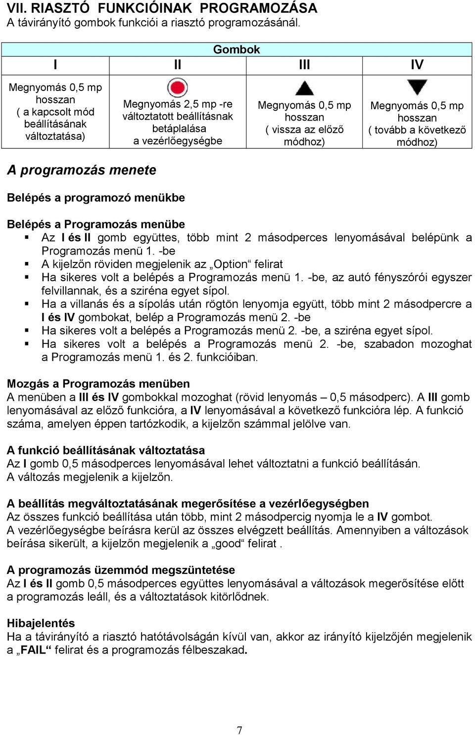 az elızı módhoz) Megnyomás 0,5 mp hosszan ( tovább a következı módhoz) A programozás menete Belépés a programozó menükbe Belépés a Programozás menübe Az I és II gomb együttes, több mint 2 másodperces