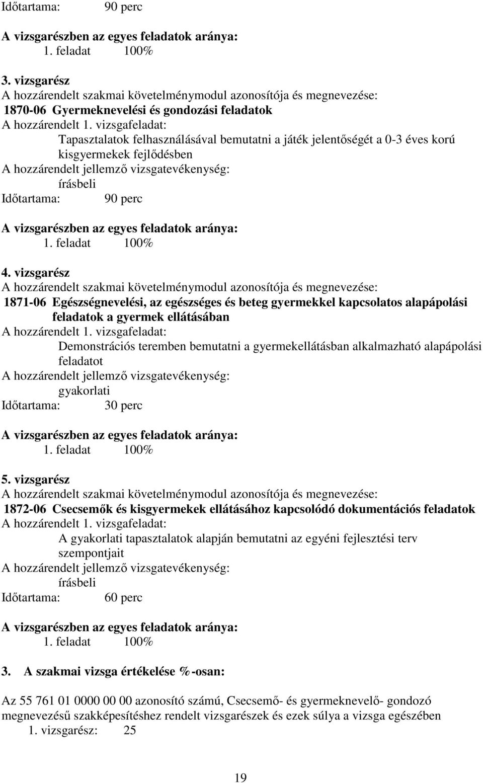 vizsgafeladat: Tapasztalatok felhasználásával bemutatni a játék jelentőségét a 0-3 éves korú kisgyermekek fejlődésben hozzárendelt jellemző vizsgatevékenység: írásbeli Időtartama: 90 perc