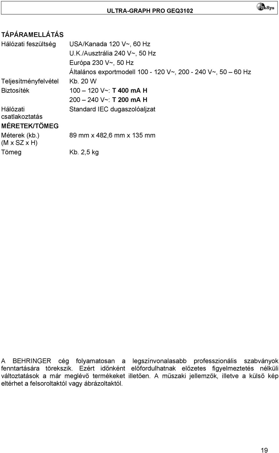 20 W 100 120 V~: T 400 ma H 200 240 V~: T 200 ma H Standard IEC dugaszolóaljzat 89 mm x 482,6 mm x 135 mm Kb.