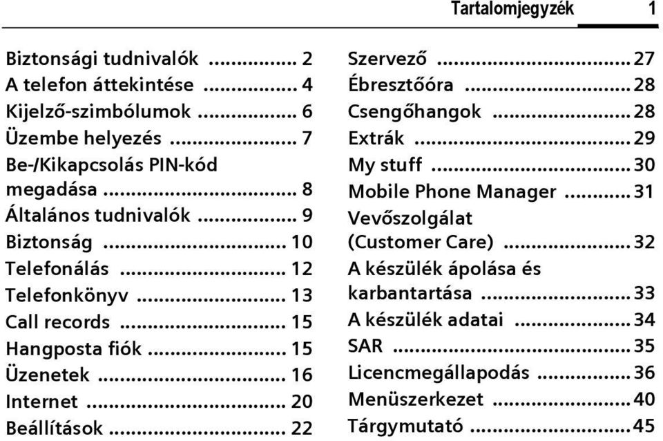 .. 20 Beállítások... 22 Szervező...27 Ébresztőóra...28 Csengőhangok... 28 Extrák... 29 My stuff... 30 Mobile Phone Manager.