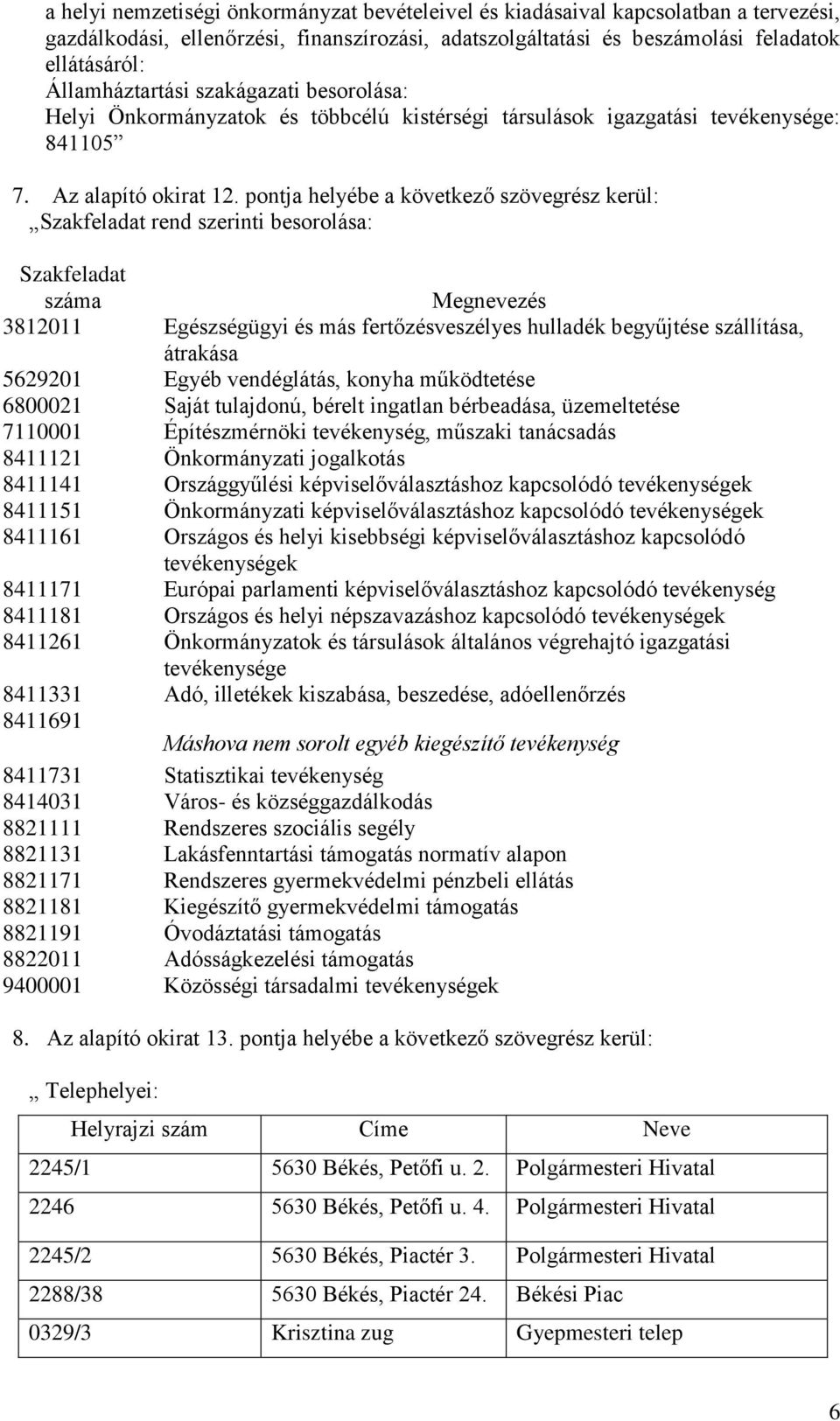 pontja helyébe a következő szövegrész kerül: Szakfeladat rend szerinti besorolása: Szakfeladat száma Megnevezés 3812011 Egészségügyi és más fertőzésveszélyes hulladék begyűjtése szállítása, átrakása