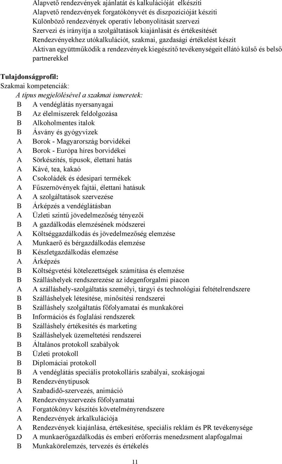 partnerekkel Tulajdonságprofil: Szakmai kompetenciák: A típus megjelölésével a szakmai ismeretek: B A vendéglátás nyersanyagai B Az élelmiszerek feldolgozása B Alkoholmentes italok B Ásvány és