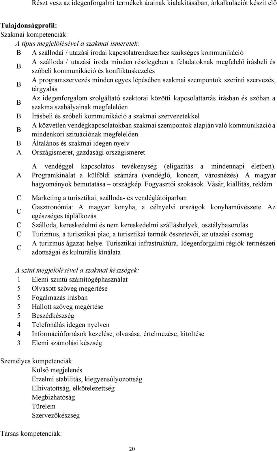 minden egyes lépésében szakmai szempontok szerinti szervezés, B tárgyalás Az idegenforgalom szolgáltató szektorai közötti kapcsolattartás írásban és szóban a B szakma szabályainak megfelelően B