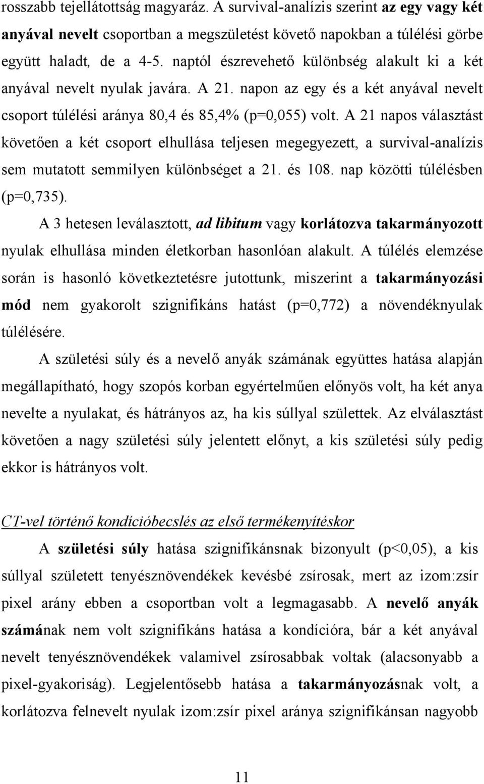 A 21 napos választást követően a két csoport elhullása teljesen megegyezett, a survival-analízis sem mutatott semmilyen különbséget a 21. és 108. nap közötti túlélésben (p=0,735).