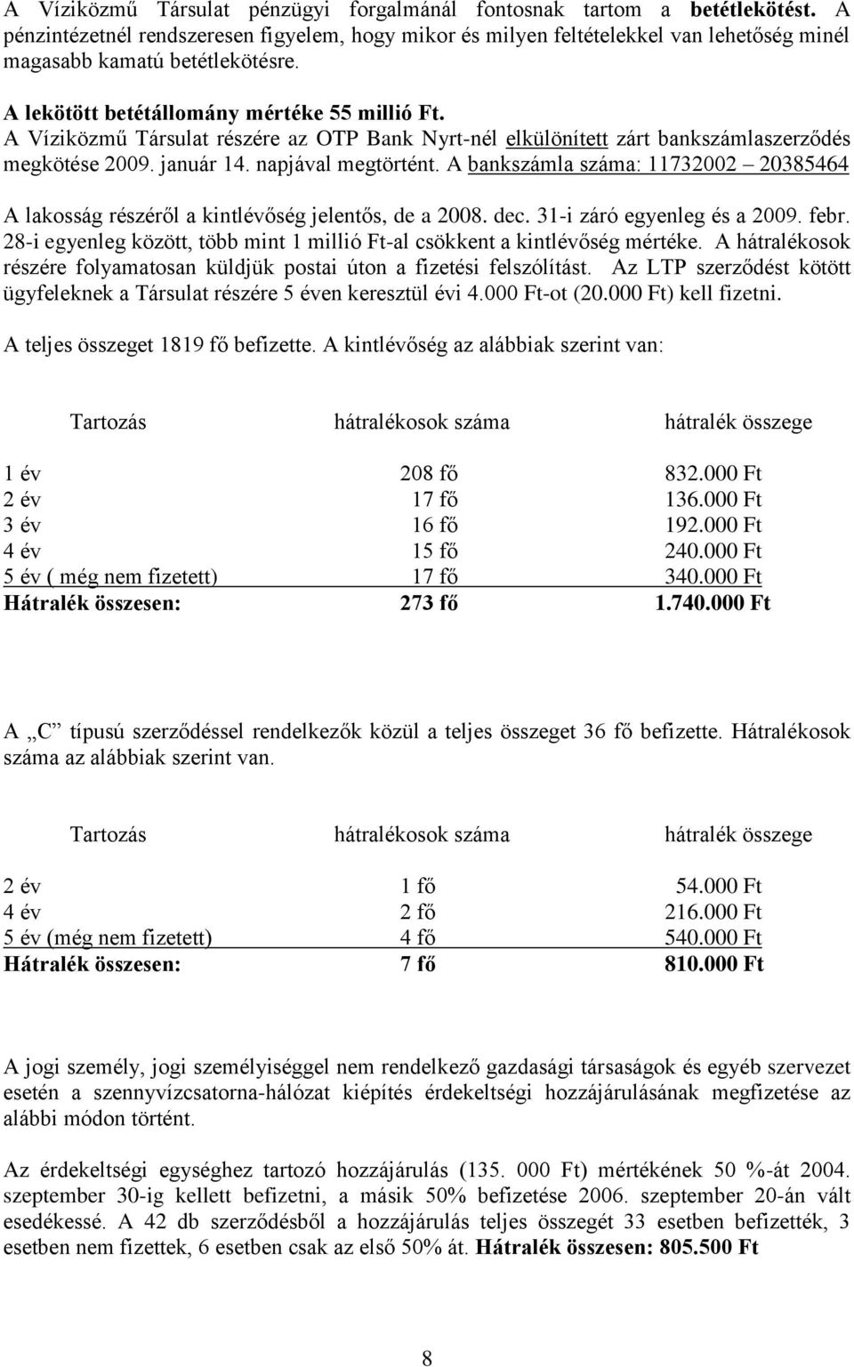 A Víziközmű Társulat részére az OTP Bank Nyrt-nél elkülönített zárt bankszámlaszerződés megkötése 2009. január 14. napjával megtörtént.