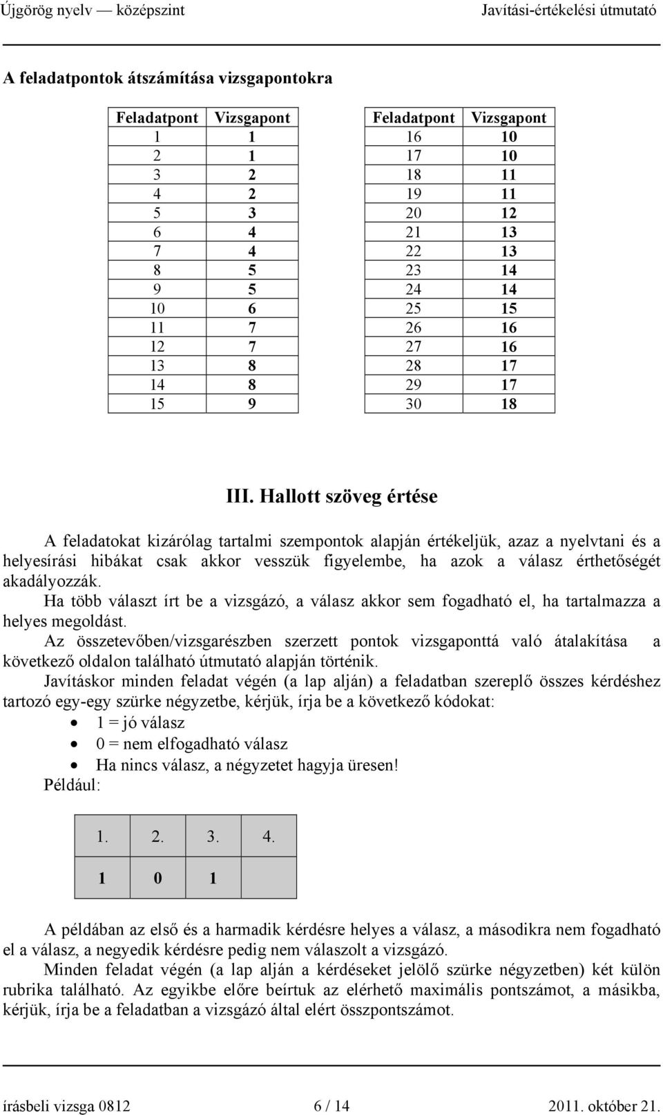 Hallott szöveg értése A feladatokat kizárólag tartalmi szempontok alapján értékeljük, azaz a nyelvtani és a helyesírási hibákat csak akkor vesszük figyelembe, ha azok a válasz érthetőségét