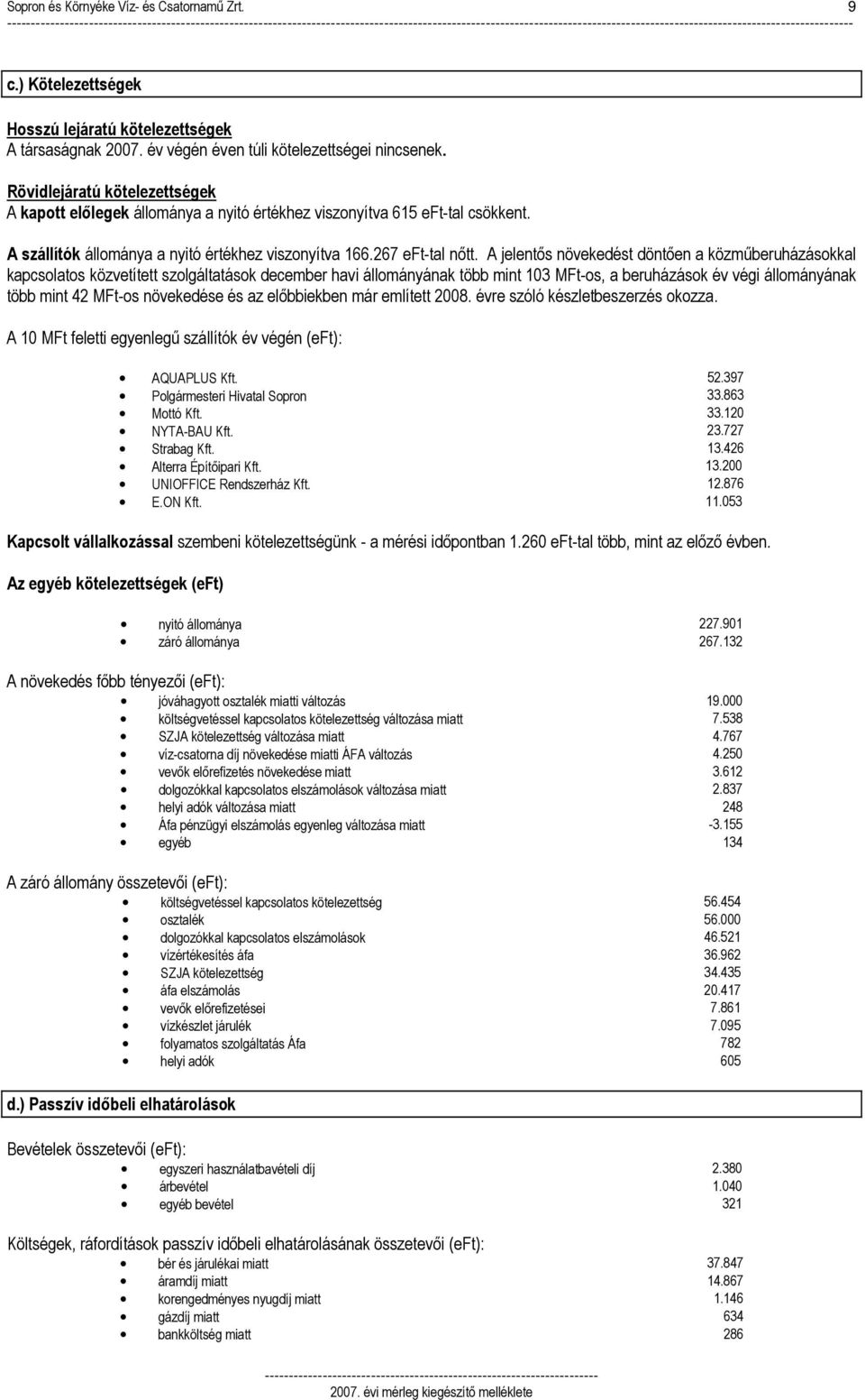 Rövidlejáratú kötelezettségek A kapott elılegek állománya a nyitó értékhez viszonyítva 615 eft-tal csökkent. A szállítók állománya a nyitó értékhez viszonyítva 166.267 eft-tal nıtt.