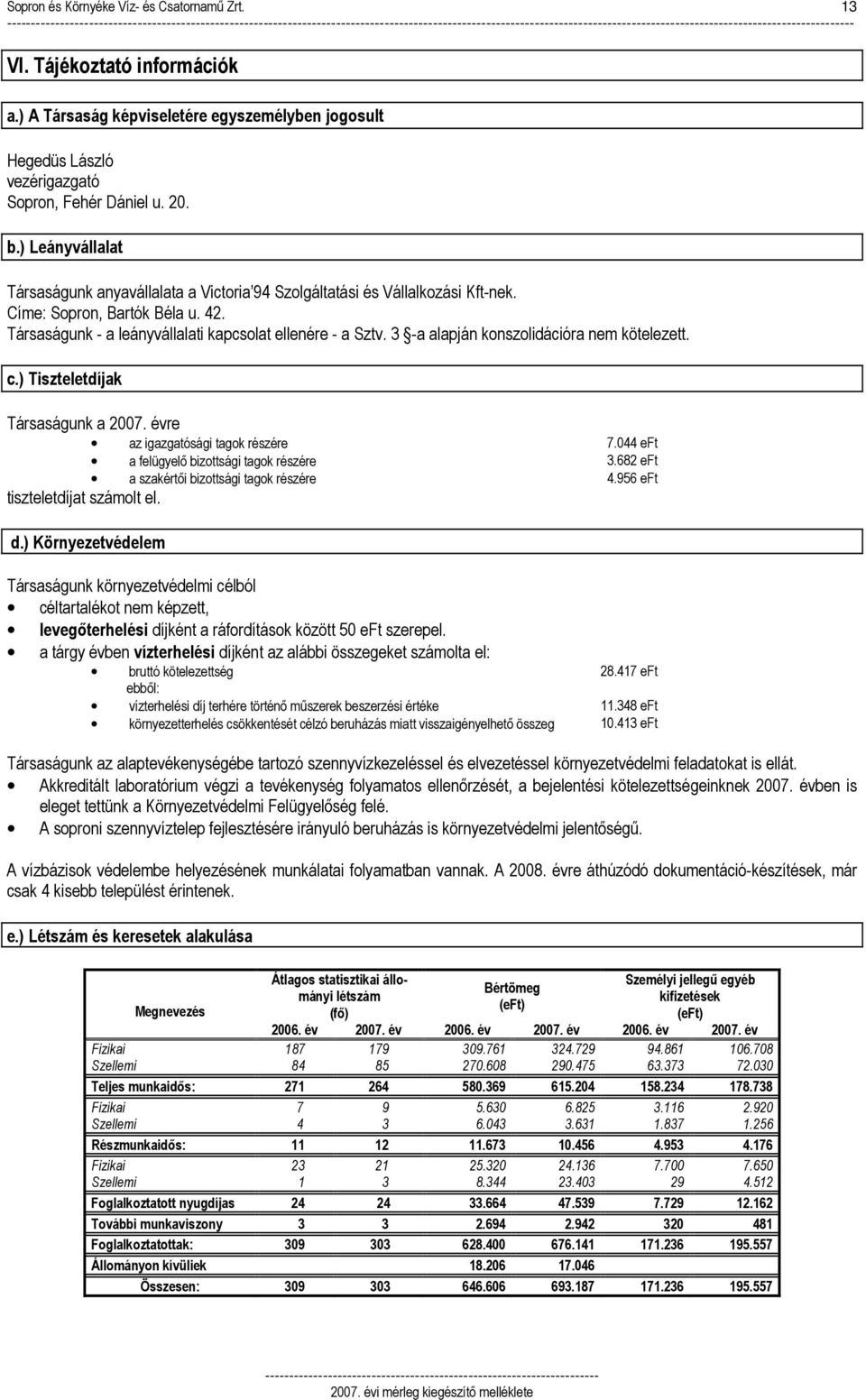 ) Leányvállalat Társaságunk anyavállalata a Victoria 94 Szolgáltatási és Vállalkozási Kft-nek. Címe: Sopron, Bartók Béla u. 42. Társaságunk - a leányvállalati kapcsolat ellenére - a Sztv.