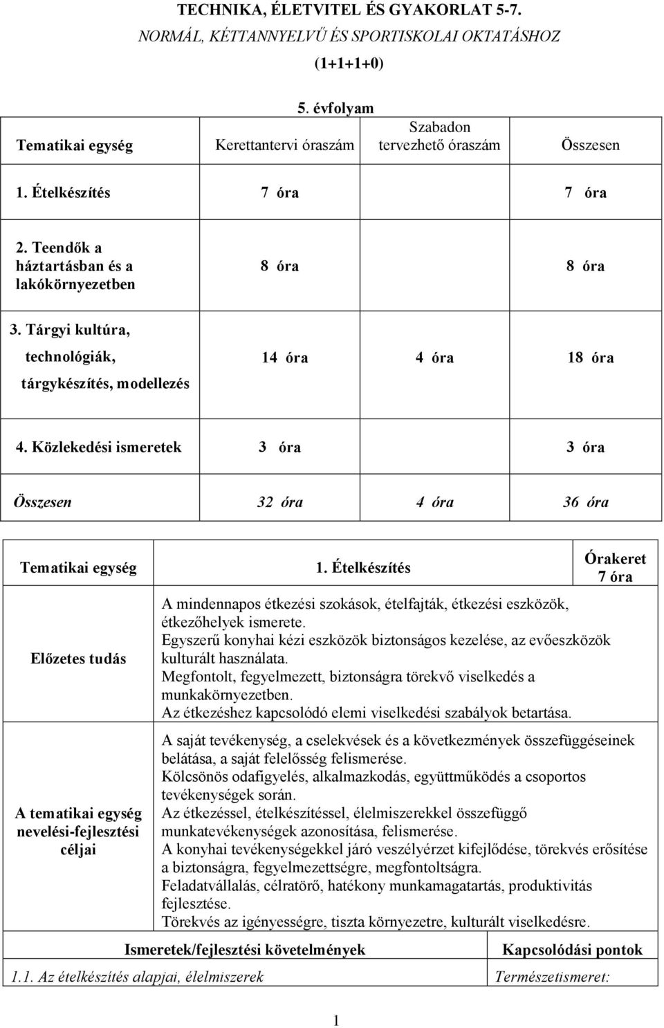 Közlekedési ismeretek 3 óra 3 óra Összesen 32 óra 4 óra 36 óra A tematikai egység nevelési-fejlesztési 1.