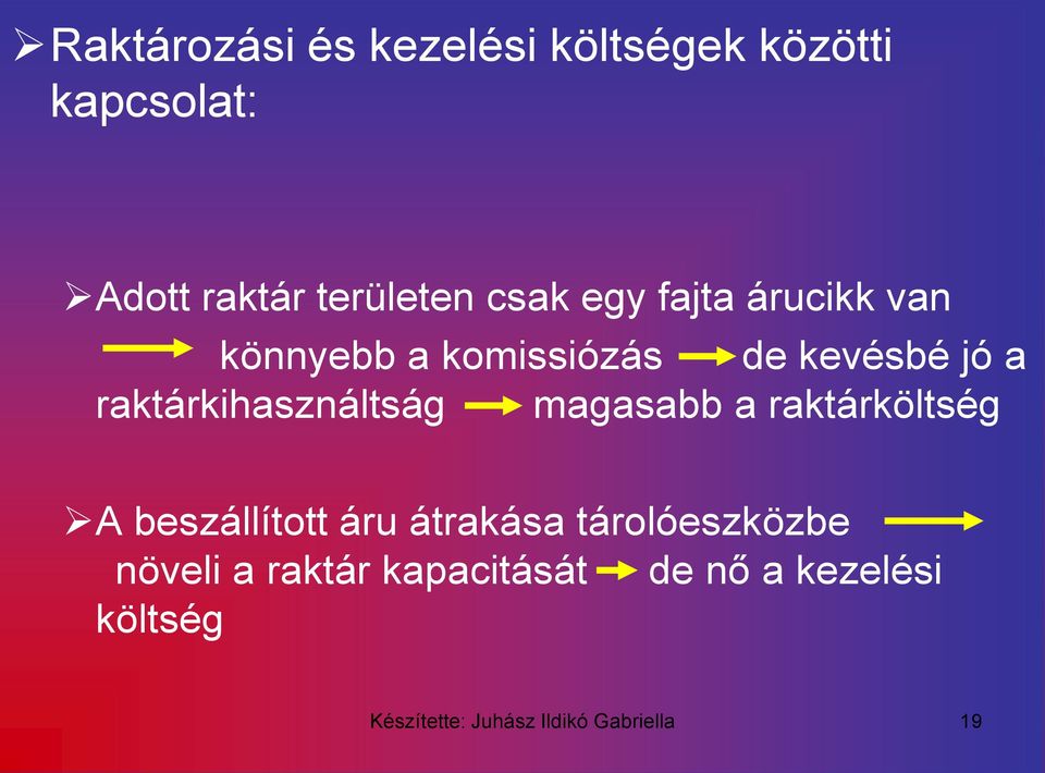 jó a raktárkihasználtság magasabb a raktárköltség A beszállított áru