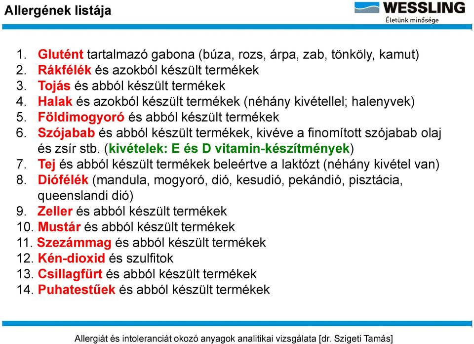 halenyvek) Földimogyoró és abból készült termékek Szójabab és abból készült termékek, kivéve a finomított szójabab olaj és zsír stb. (kivételek: E és D vitamin-készítmények) 7.