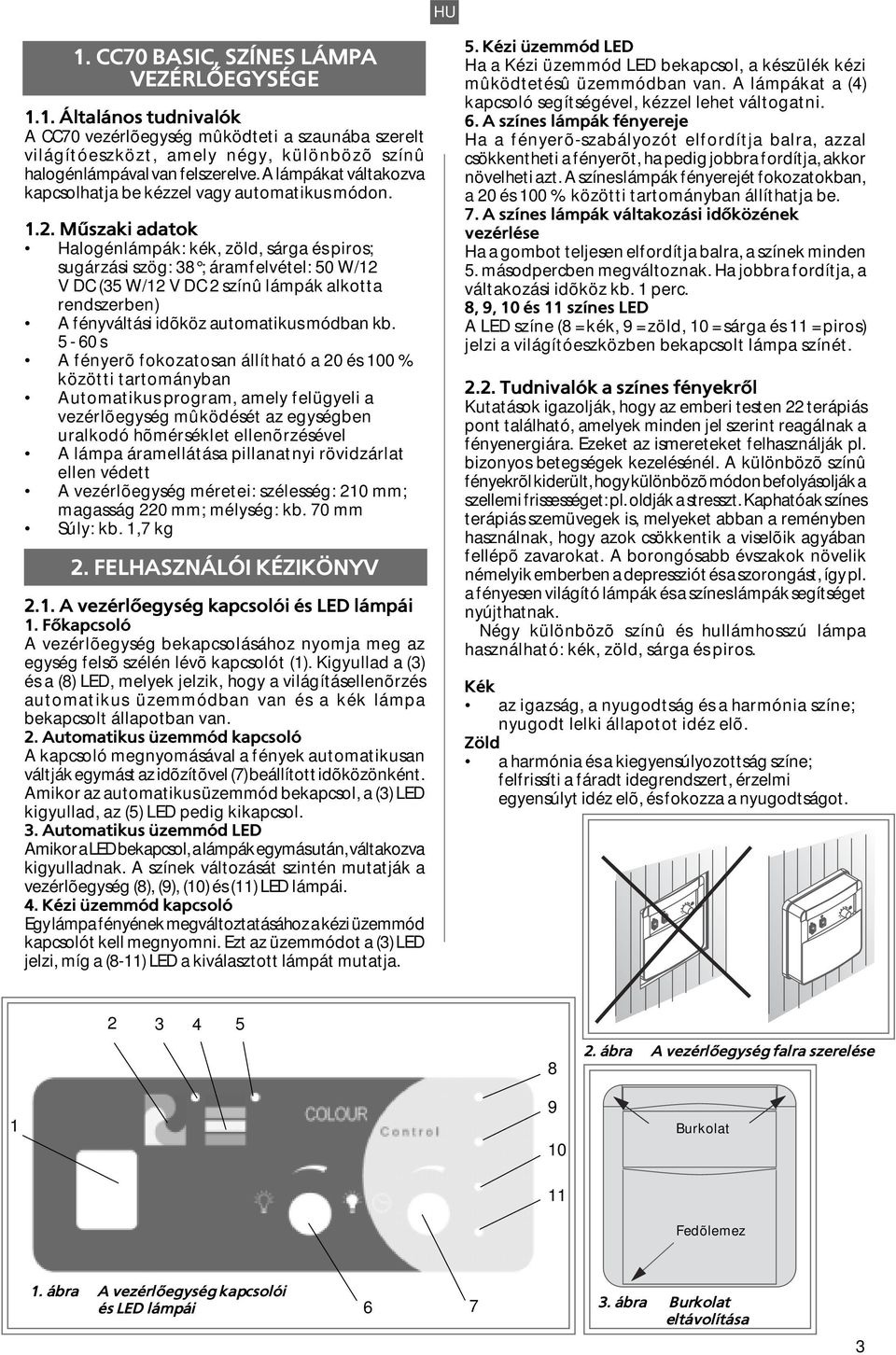 . Mûszaki adatok Halogénlámpák: kék, zöld, sárga és piros; sugárzási szög: 38 ; áramfelvétel: 50 W/1 V DC (35 W/1 V DC színû lámpák alkotta rendszerben) A fényváltási idõköz automatikus módban kb.