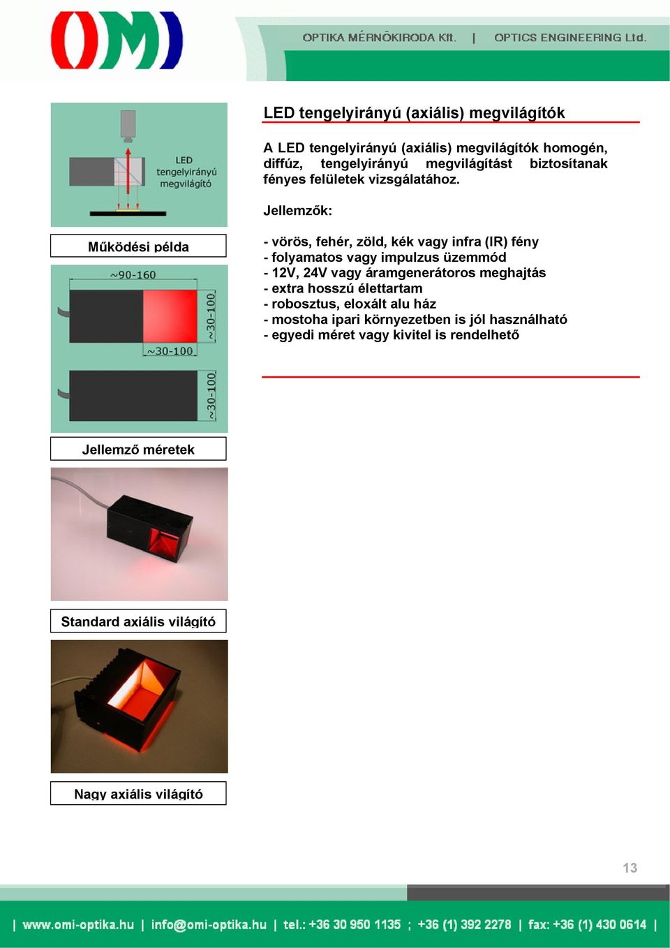 - vörös, fehér, zöld, kék vagy infra (IR) fény - 12V, 24V vagy áramgenerátoros meghajtás -