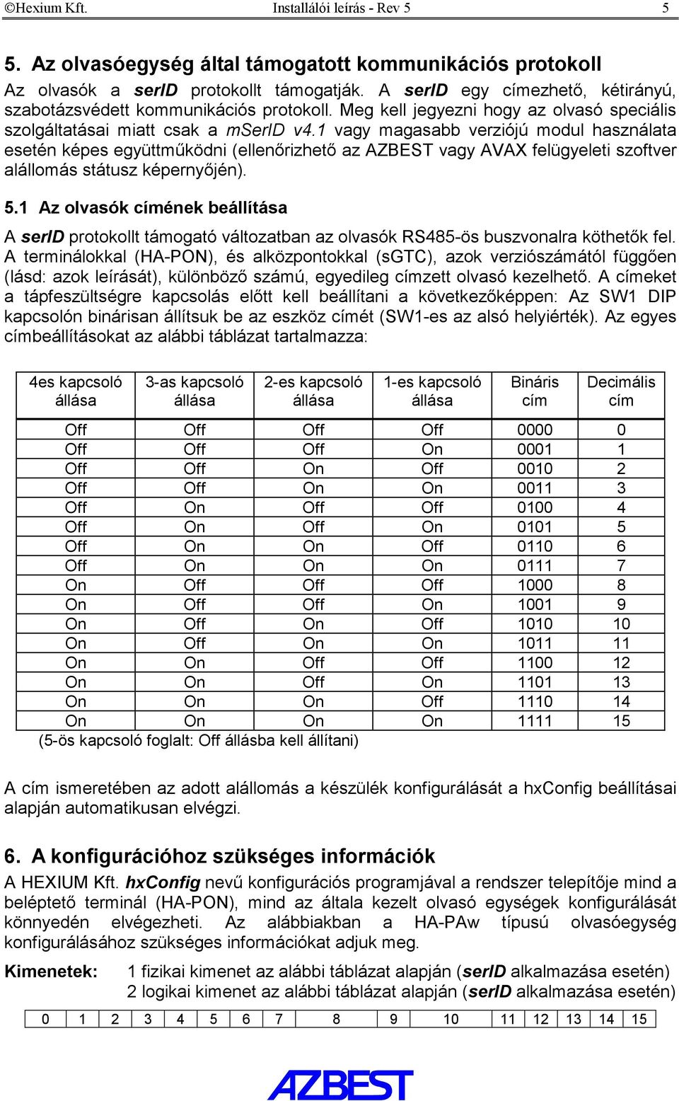 1 vagy magasabb verziójú modul használata esetén képes együttműködni (ellenőrizhető az AZBEST vagy AVAX felügyeleti szoftver alállomás státusz képernyőjén). 5.