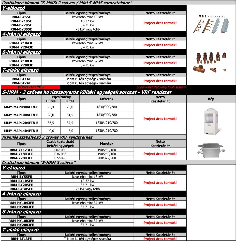 számára T idom kültéri egységek számára S-HRM - 3 csöves hővisszanyerős Kültéri egységek sorozat - VRF rendszer 1830/990/780 Super-Heat Recovery Multi system MMY-MAP1004FT8-E 28,0 31,5