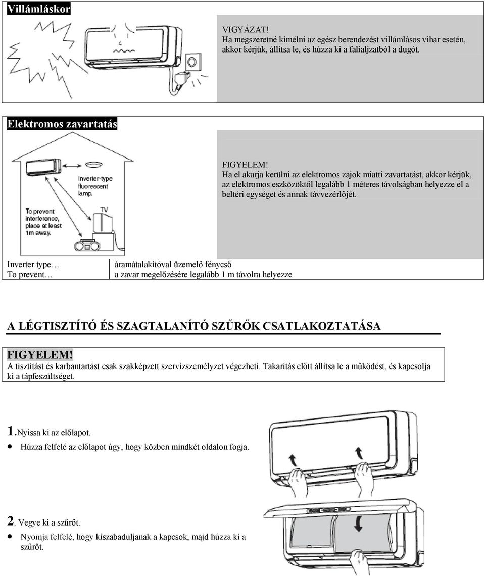 Inverter type To prevent áramátalakítóval üzemelő fénycső a zavar megelőzésére legalább 1 m távolra helyezze A LÉGTISZTÍTÓ ÉS SZAGTALANÍTÓ SZŰRŐK CSATLAKOZTATÁSA FIGYELEM!