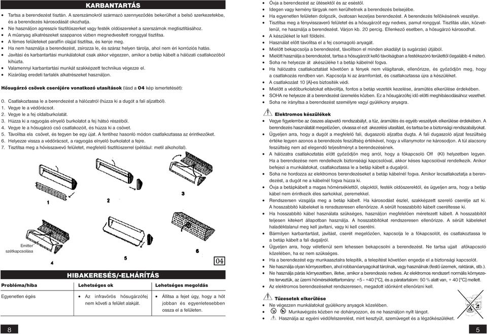 A fémes felületeket paraffin olajjal tisztítsa, és kenje meg. Ha nem használja a berendezést, zsírozza le, és száraz helyen tárolja, ahol nem éri korróziós hatás.