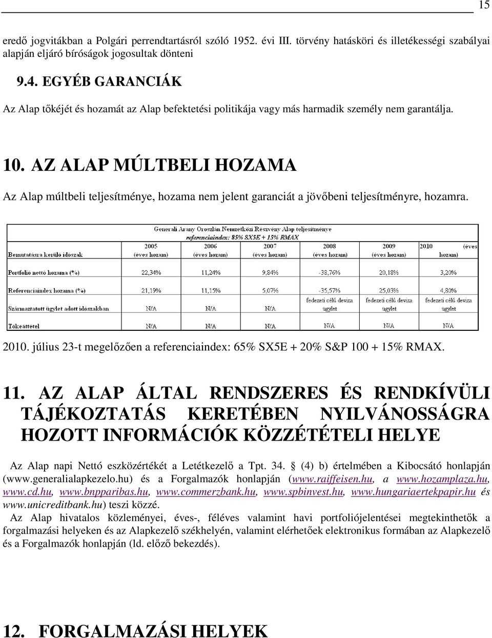 AZ ALAP MÚLTBELI HOZAMA Az Alap múltbeli teljesítménye, hozama nem jelent garanciát a jövıbeni teljesítményre, hozamra. 2010.