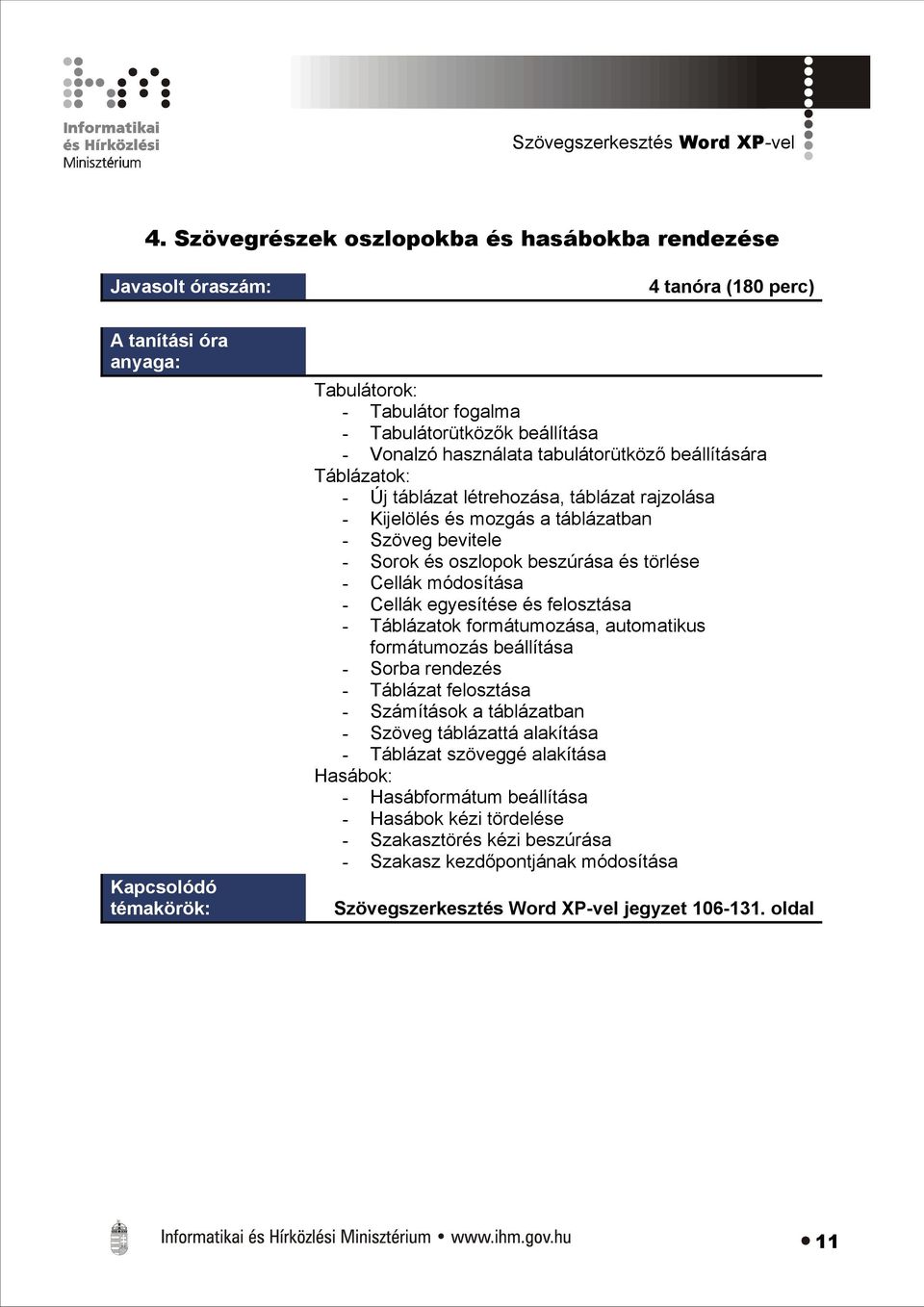 táblázat létrehozása, táblázat rajzolása - Kijelölés és mozgás a táblázatban - Szöveg bevitele - Sorok és oszlopok beszúrása és törlése - Cellák módosítása - Cellák egyesítése és felosztása -