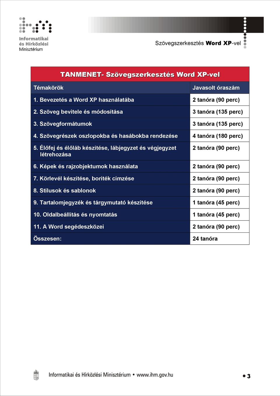 Szövegrészek oszlopokba és hasábokba rendezése 4 tanóra (180 perc) 5. Élőfej és élőláb készítése, lábjegyzet és végjegyzet létrehozása 6.