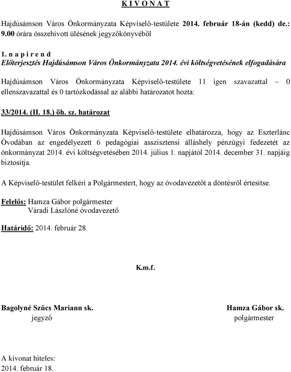 határozat Hajdúsámson Város Önkormányzata Képviselő-testülete elhatározza, hogy az Eszterlánc Óvodában az engedélyezett 6 pedagógiai asszisztensi álláshely
