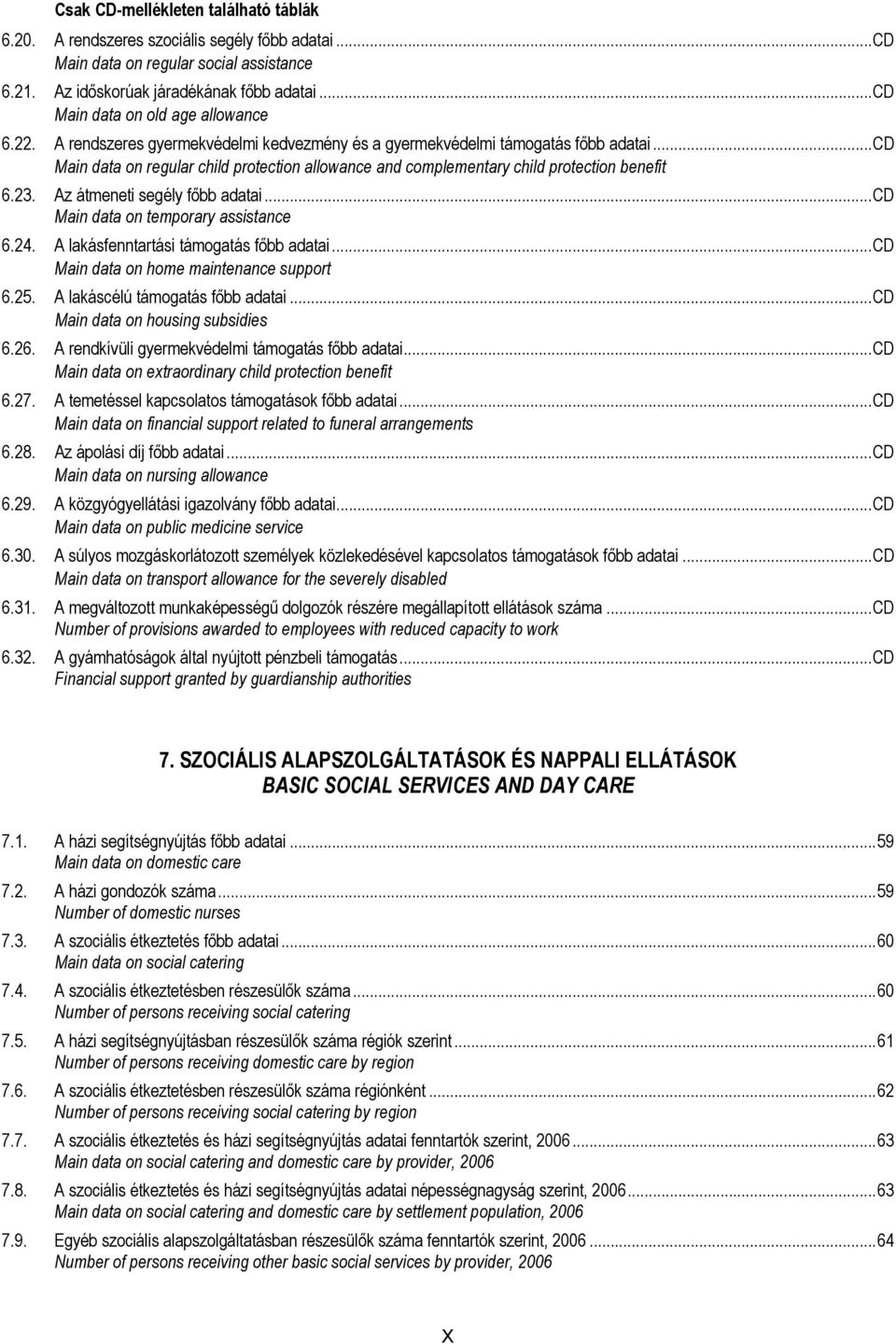 ..cd Main data on regular child protection allowance and complementary child protection benefit 6.23. Az átmeneti segély főbb adatai...cd Main data on temporary assistance 6.24.