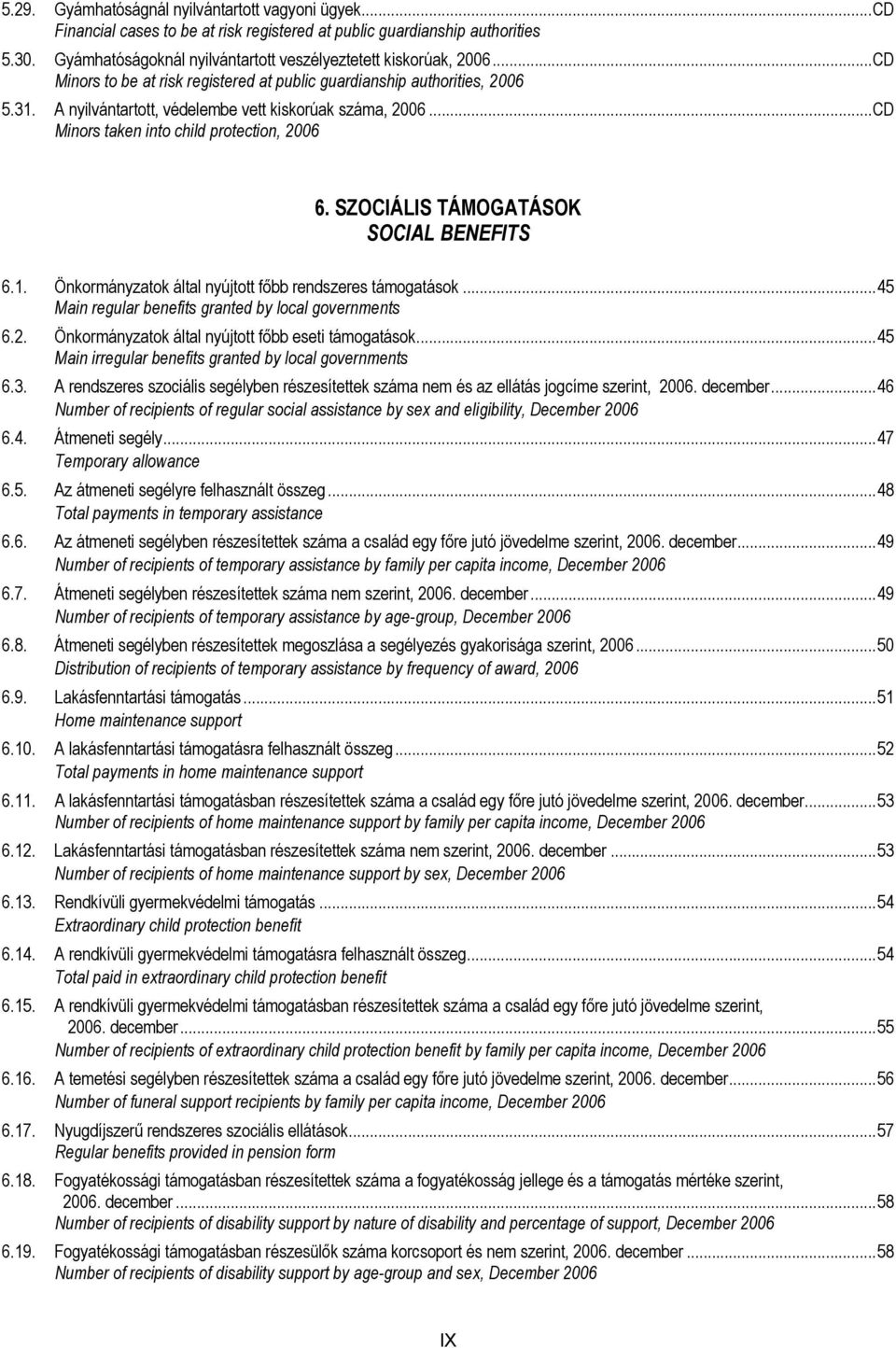 ..CD Minors taken into child protection, 2006 6. SZOCIÁLIS TÁMOGATÁSOK SOCIAL BENEFITS 6.1. Önkormányzatok által nyújtott főbb rendszeres támogatások.