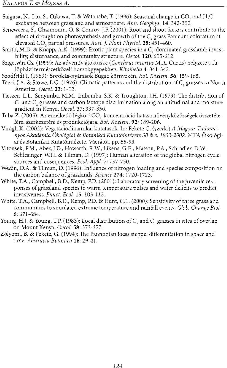 Atist. J. Plant Physiol. 28: 451-460. Smith, M.D. & Knapp, A.K. (1999): Exotic plant species in a C i -dominated grassland: invasibility, disturbance, and community structure. Oecol.