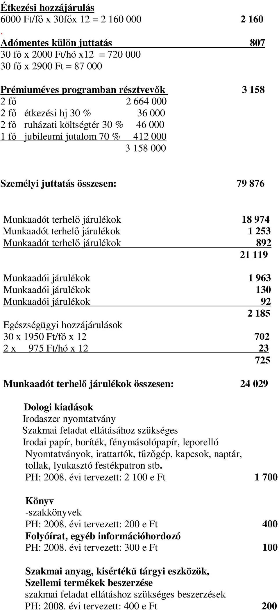 % 46 000 1 fő jubileumi jutalom 70 % 412 000 3 158 000 Személyi juttatás összesen: 79 876 Munkaadót terhelő járulékok 18 974 Munkaadót terhelő járulékok 1 253 Munkaadót terhelő járulékok 892 21 119