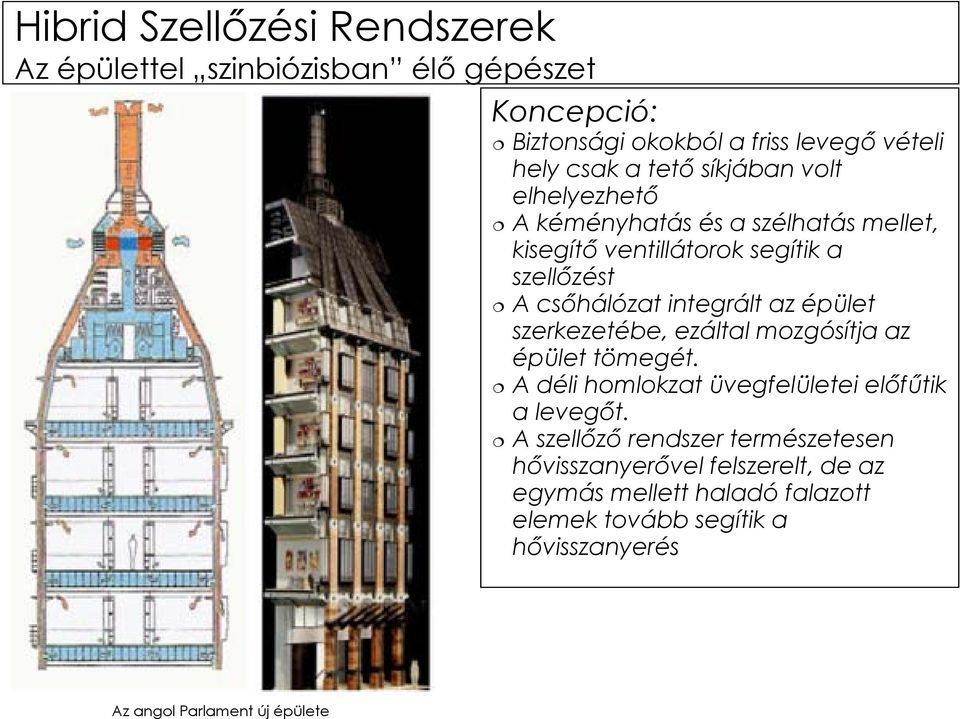 szerkezetébe, ezáltal mozgósítja az épület tömegét. A déli homlokzat üvegfelületei előfűtik a levegőt.