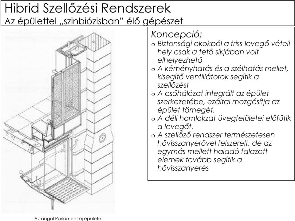 szerkezetébe, ezáltal mozgósítja az épület tömegét. A déli homlokzat üvegfelületei előfűtik a levegőt.