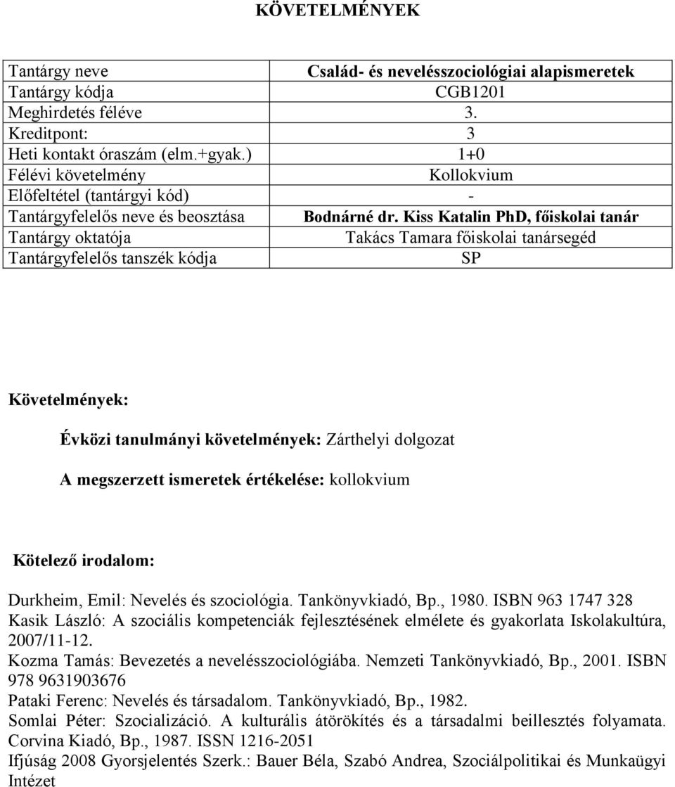 Kiss Katalin PhD, főiskolai tanár Évközi tanulmányi követelmények: Zárthelyi dolgozat A megszerzett ismeretek értékelése: kollokvium Durkheim, Emil: Nevelés és szociológia. Tankönyvkiadó, Bp., 1980.