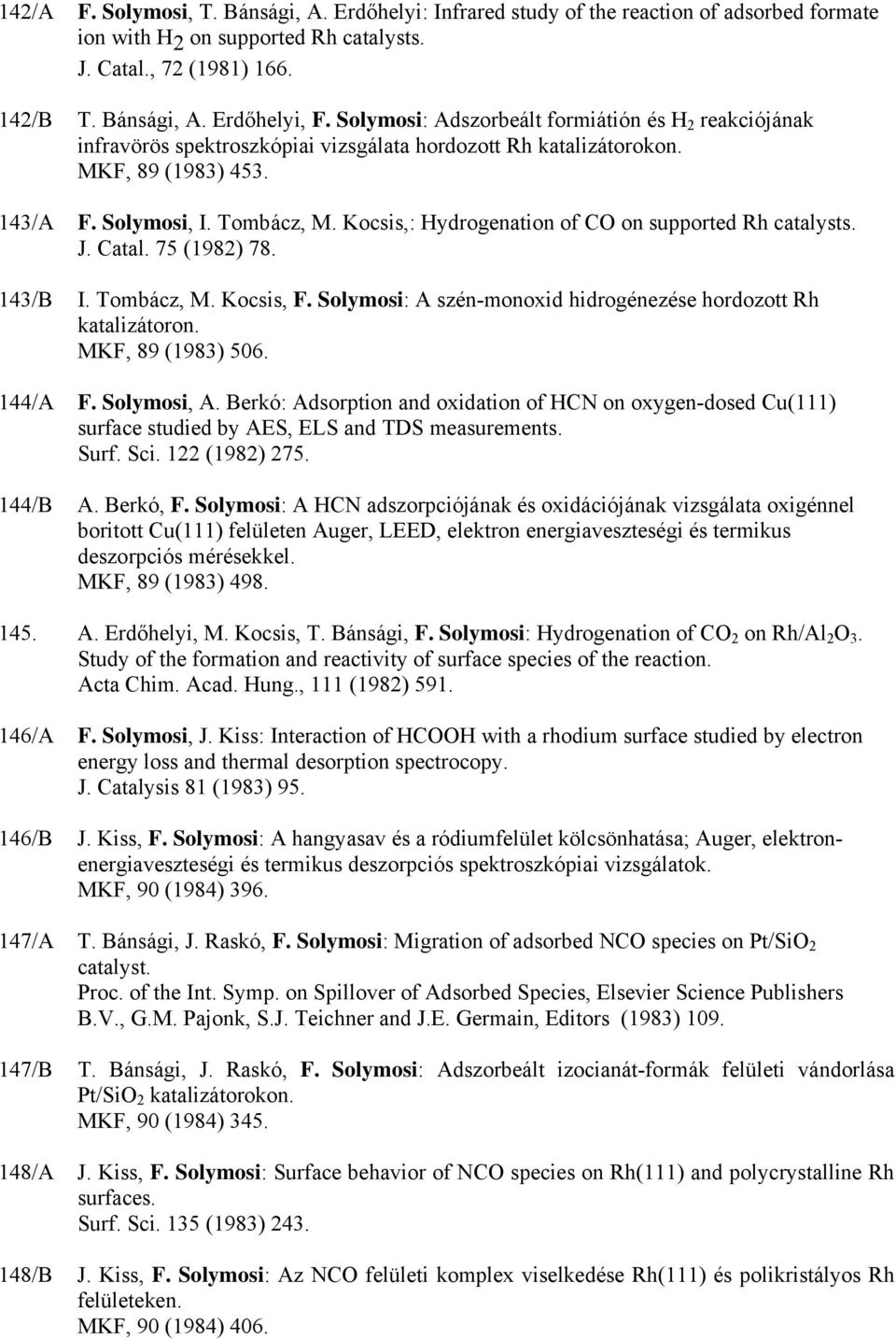 Kocsis,: Hydrogenation of CO on supported Rh catalysts. J. Catal. 75 (1982) 78. 143/B I. Tombácz, M. Kocsis, F. Solymosi: A szén-monoxid hidrogénezése hordozott Rh katalizátoron. MKF, 89 (1983) 506.