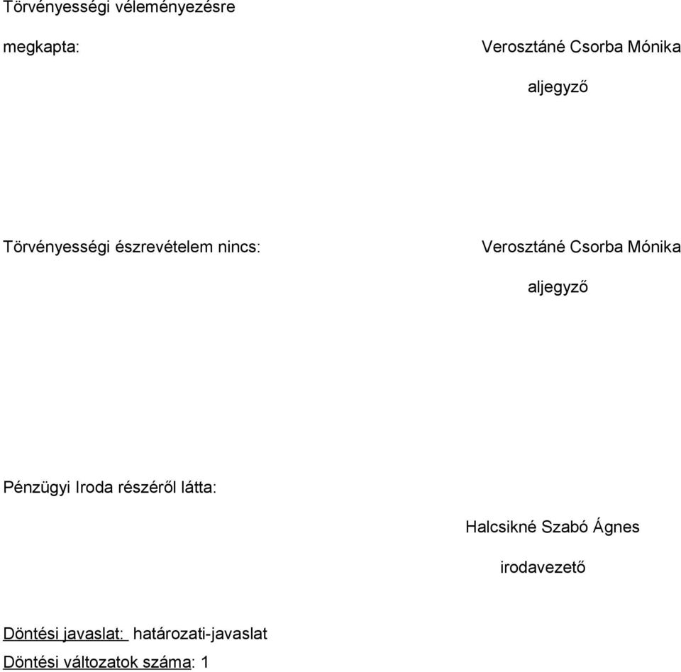 aljegyző Pénzügyi Iroda részéről látta: Halcsikné Szabó Ágnes