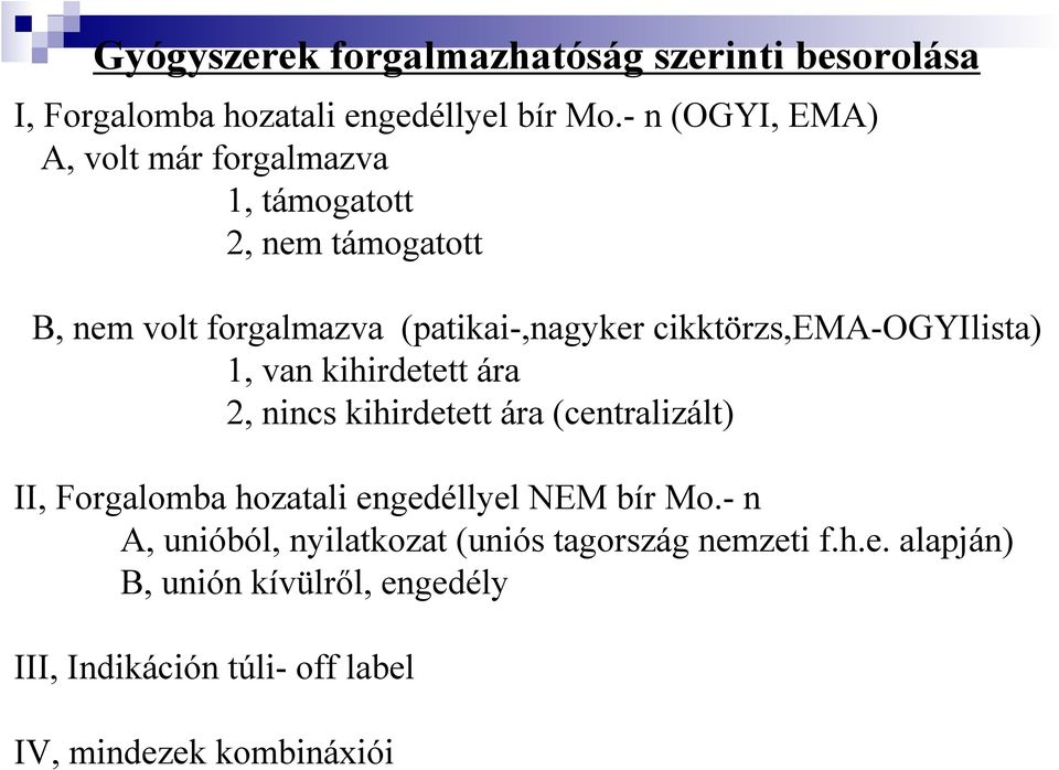 cikktörzs,ema-ogyilista) 1, van kihirdetett ára 2, nincs kihirdetett ára (centralizált) II, Forgalomba hozatali engedéllyel