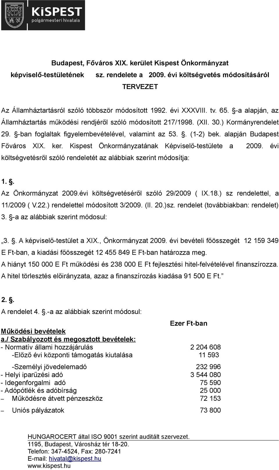 alapján Budapest Főváros XIX. ker. Kispest Önkormányzatának Képviselő-testülete a 2009. évi költségvetésről szóló rendeletét az alábbiak szerint módosítja: 1.. Az Önkormányzat 2009.