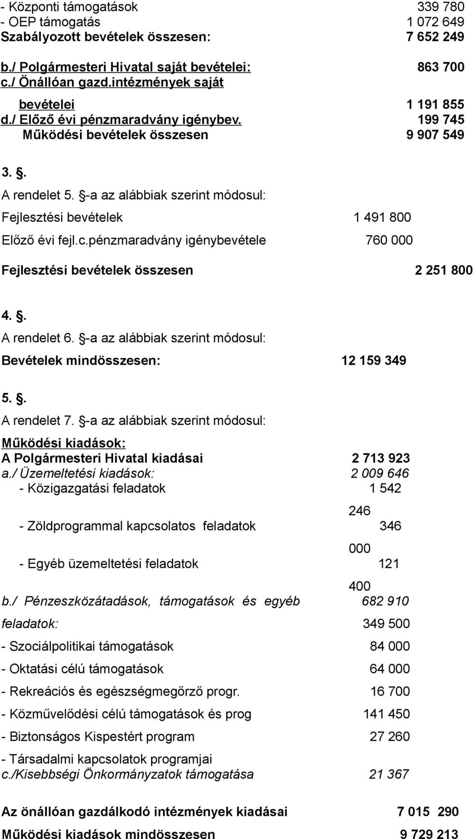 -a az alábbiak szerint módosul: Fejlesztési bevételek Előző évi fejl.c.pénzmaradvány igénybevétele 1 491 800 760 000 Fejlesztési bevételek összesen 2 251 800 4.. A rendelet 6.