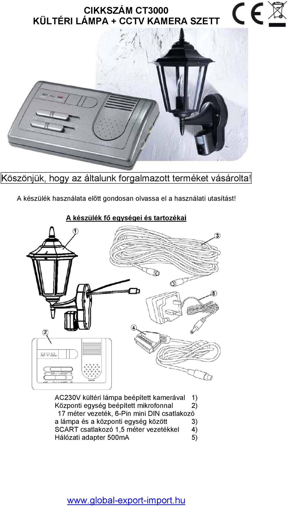 A készülék fő egységei és tartozékai AC230V kültéri lámpa beépített kamerával 1) Központi egység beépített mikrofonnal