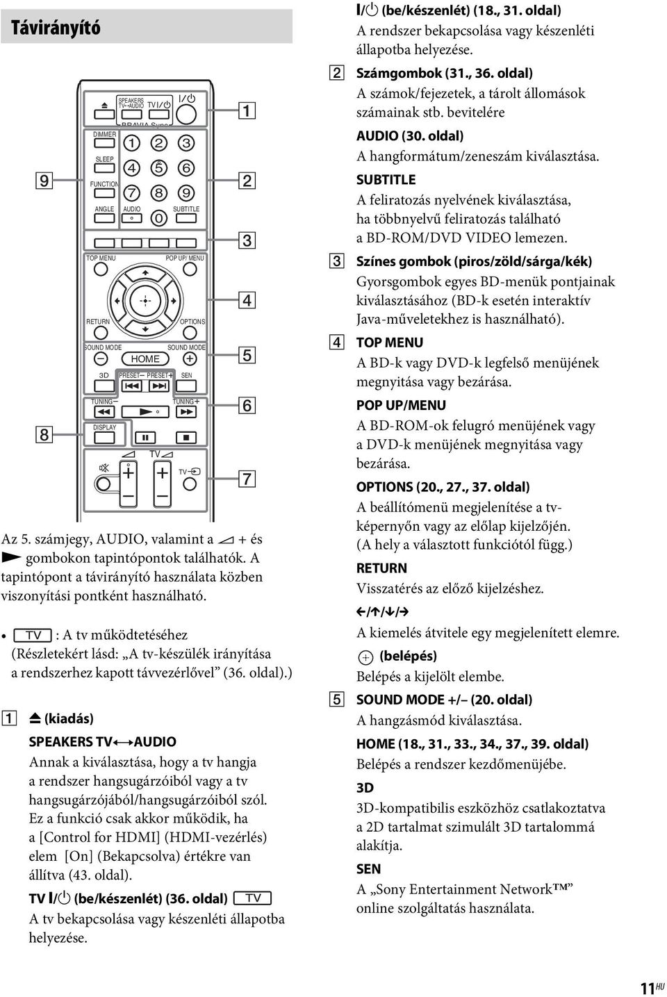 : A tv működtetéséhez (Részletekért lásd: A tv-készülék irányítása a rendszerhez kapott távvezérlővel (36. oldal).