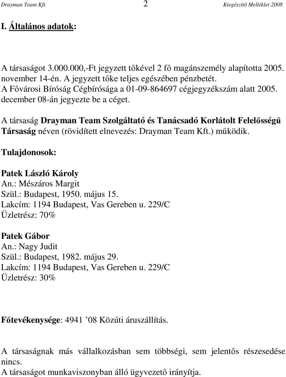 A társaság Drayman Team Szolgáltató és Tanácsadó Korlátolt Felelősségű Társaság néven (rövidített elnevezés: Drayman Team Kft.) működik. Tulajdonosok: Patek László Károly An.: Mészáros Margit Szül.