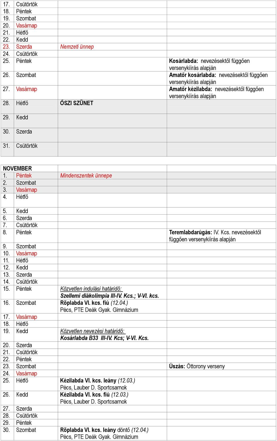 Szombat 3. Vasárnap 4. Hétfő 5. Kedd 6. Szerda 7. Csütörtök 8. Péntek Teremlabdarúgás: IV. Kcs. nevezésektől függően 9. Szombat 10. Vasárnap 11. Hétfő 12. Kedd 13. Szerda 14. Csütörtök 15.