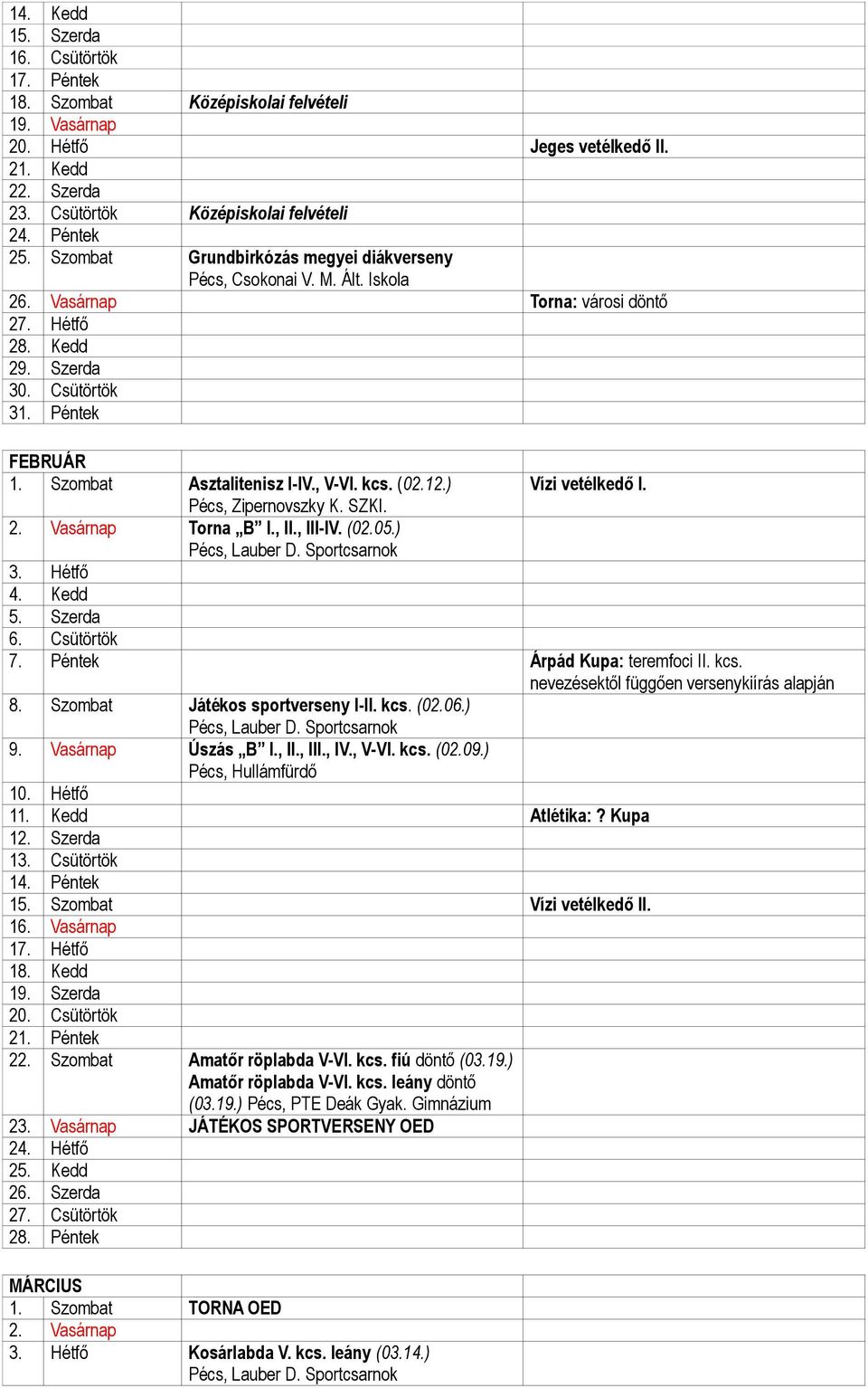 , V-VI. kcs. (02.12.) Vízi vetélkedő I. Pécs, Zipernovszky K. SZKI. 2. Vasárnap Torna B I., II., III-IV. (02.05.) 3. Hétfő 4. Kedd 5. Szerda 6. Csütörtök 7. Péntek Árpád Kupa: teremfoci II. kcs. nevezésektől függően 8.