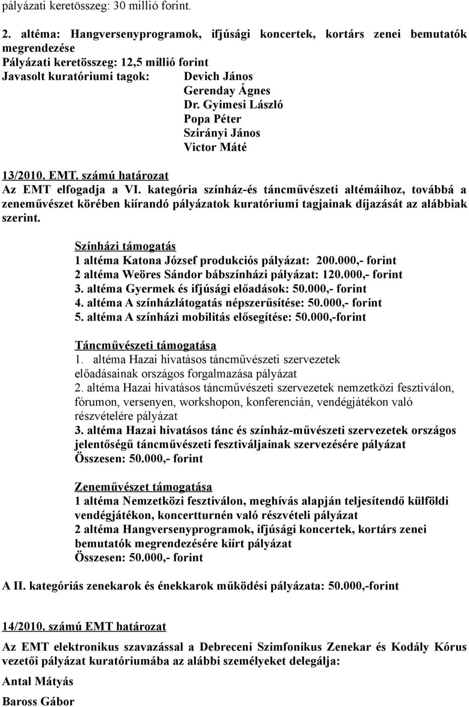 Gyimesi László Popa Péter Szirányi János Victor Máté 13/2010. EMT. számú határozat Az EMT elfogadja a VI.