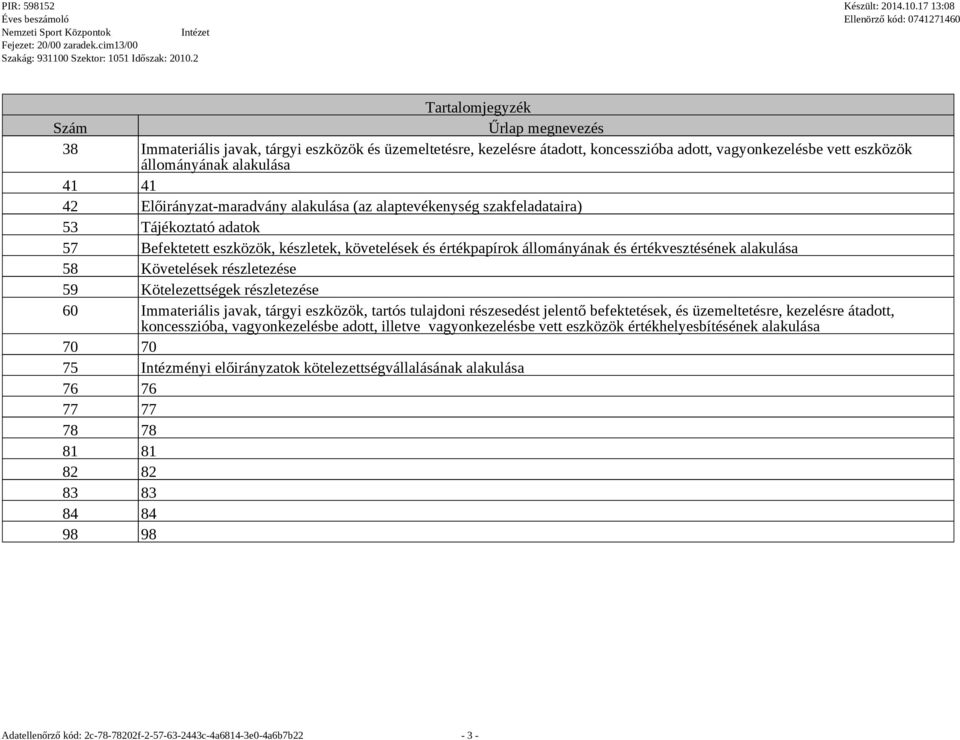 58 Követelések részletezése 59 Kötelezettségek részletezése 60 Immateriális javak, tárgyi eszközök, tartós tulajdoni részesedést jelentő befektetések, és üzemeltetésre, kezelésre átadott,