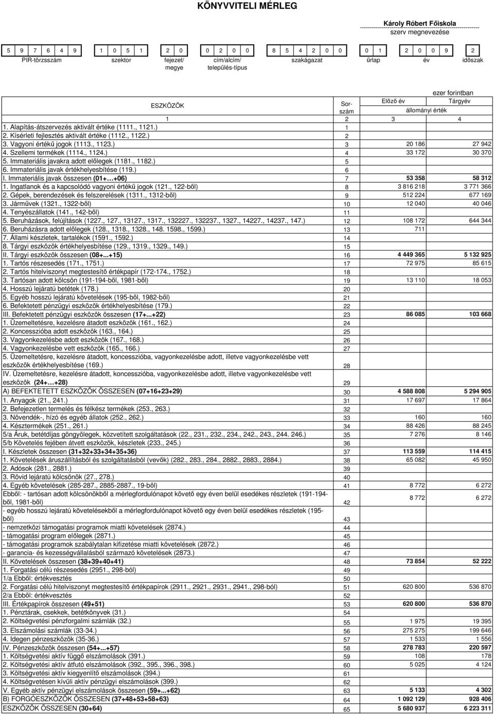 ) 3 4 5 286 33 172 27 942 30 370 6. Immateriális javak értékhelyesbítése (119.) 6 I. Immateriális javak összesen (01+ +06) 7 53 358 58 312 1. Ingatlanok és a kapcsolódó vagyoni értékű jogok (121.