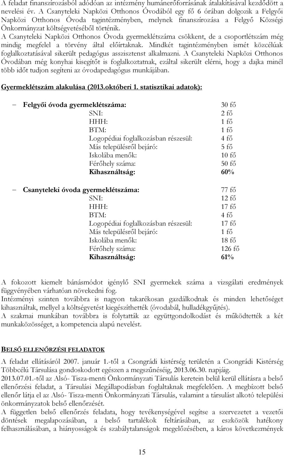 A Csanyteleki Napközi Otthonos Óvoda gyermeklétszáma csökkent, de a csoportlétszám még mindig megfelel a törvény által előírtaknak.