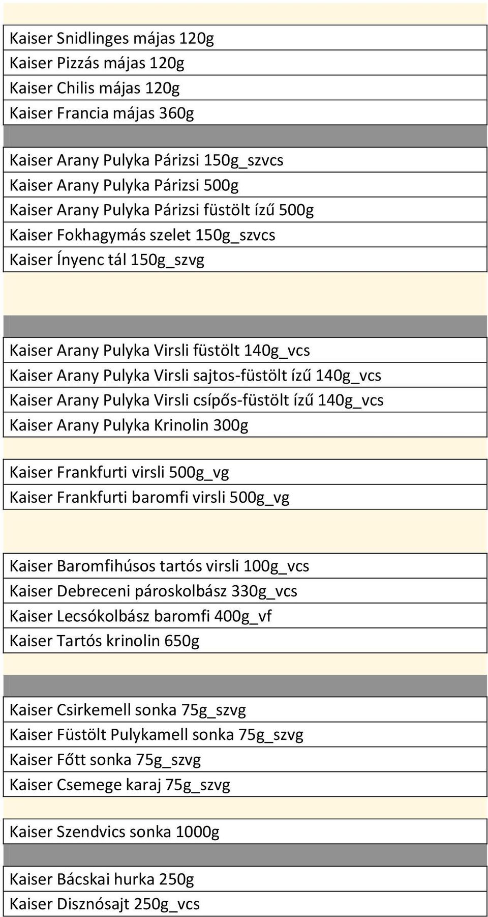 Arany Pulyka Virsli csípős-füstölt ízű 140g_vcs Kaiser Arany Pulyka Krinolin 300g Kaiser Frankfurti virsli 500g_vg Kaiser Frankfurti baromfi virsli 500g_vg Kaiser Baromfihúsos tartós virsli 100g_vcs