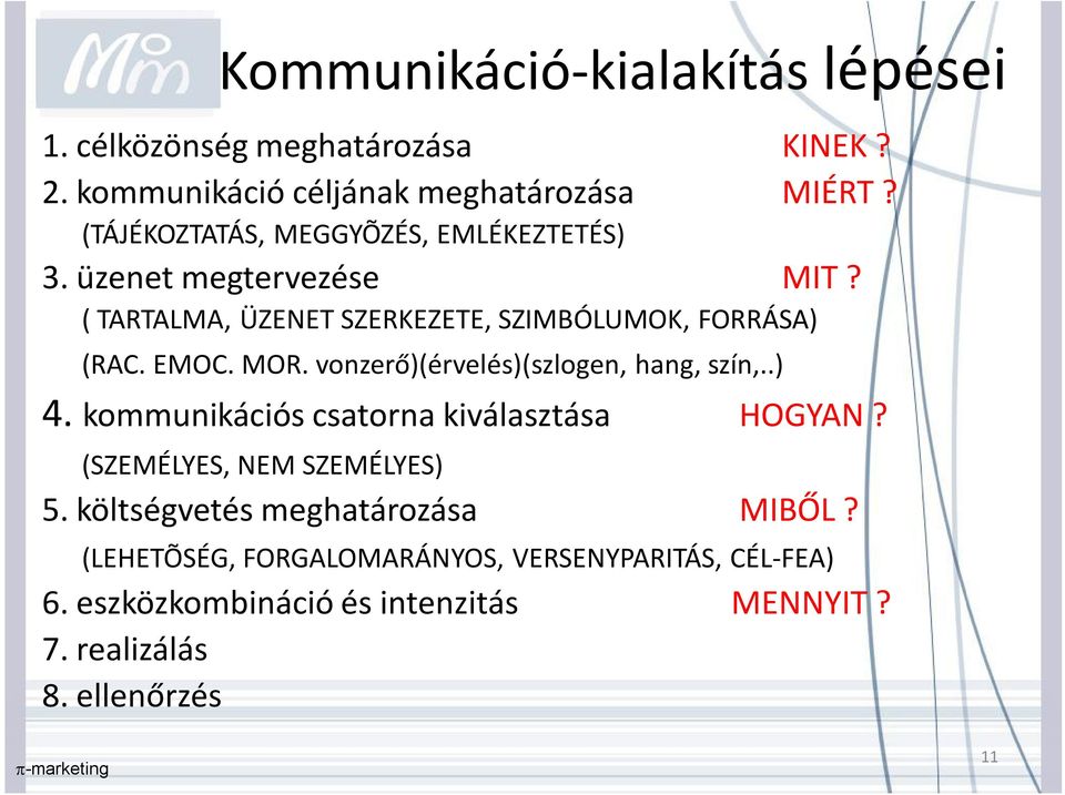 MOR. vonzerő)(érveés)(szogen, hang, szín,..) 4. kommunikációs csatorna kiváasztása HOGYAN? (SZEMÉLYES, NEM SZEMÉLYES) 5.