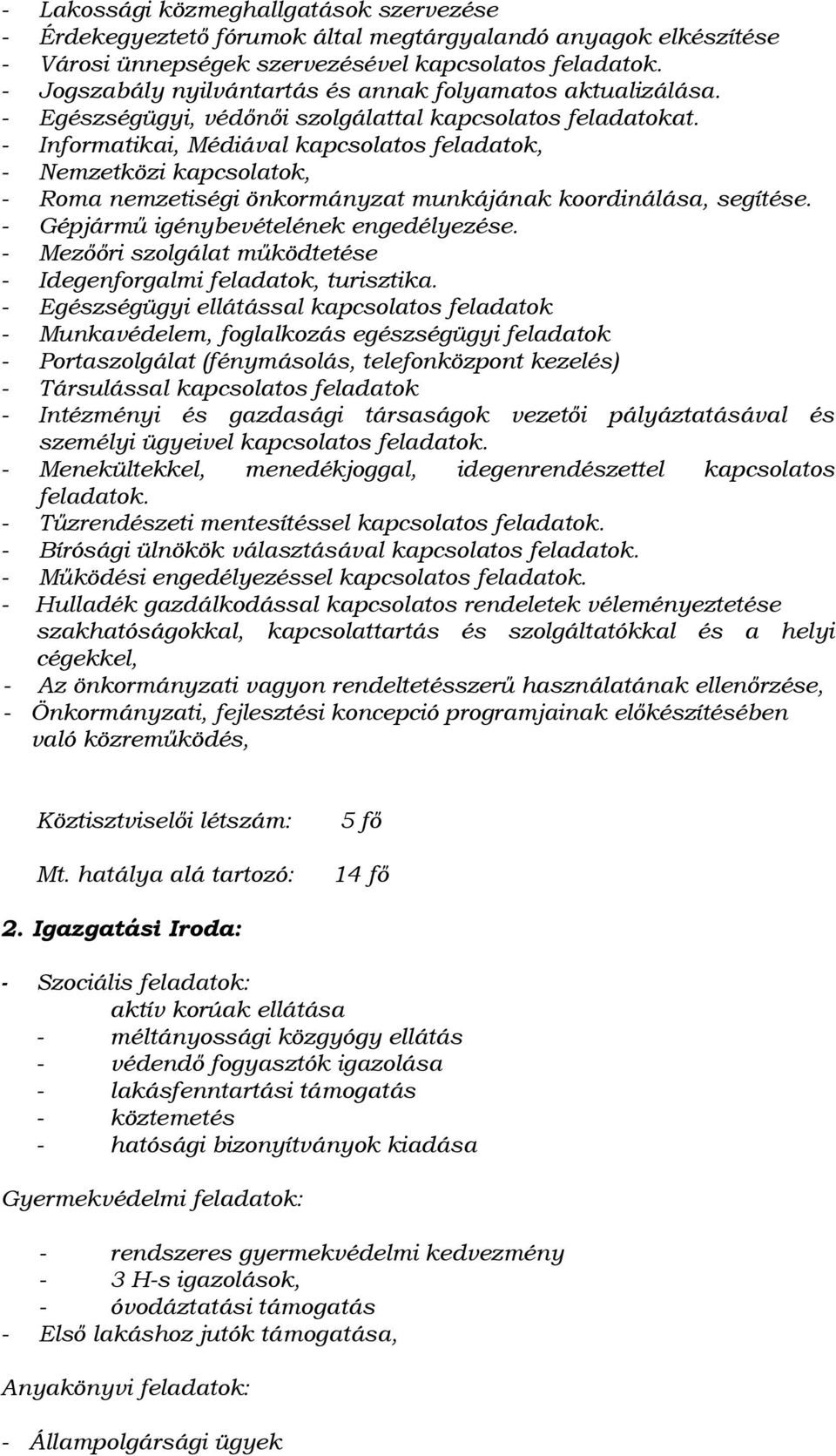 - Informatikai, Médiával kapcsolatos feladatok, - Nemzetközi kapcsolatok, - Roma nemzetiségi önkormányzat munkájának koordinálása, segítése. - Gépjármű igénybevételének engedélyezése.