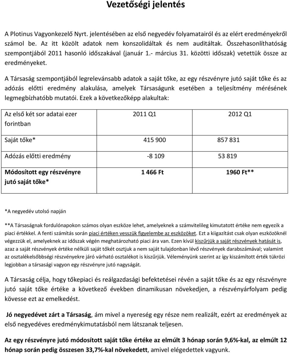 A Trsasg szempontjból legrelevnsabb adatok a sajt tőke, az egy rszvnyre jutó sajt tőke s az adózs előtti eredmny alakulsa, amelyek Trsasgunk esetben a teljesítmny mrsnek legmegbízhatóbb mutatói.